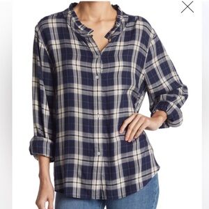 Faherty lakeridge blue Nantucket plaid long sleeve button up with Ruffle accents
